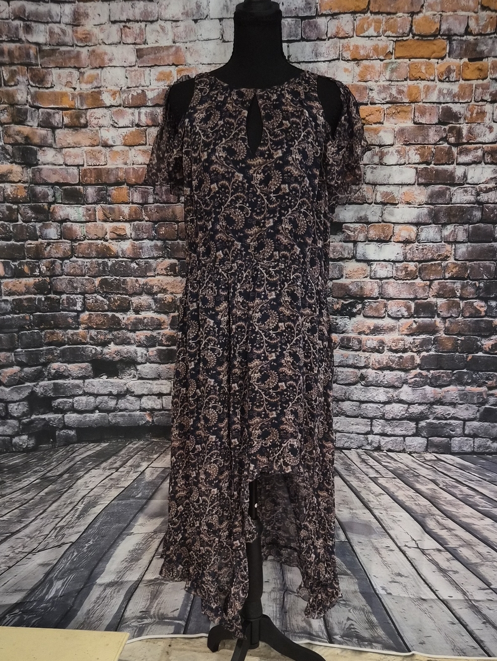 Joie Navy and Tan Silk Paisley Asymmetrical Cold-Shoulder Dress